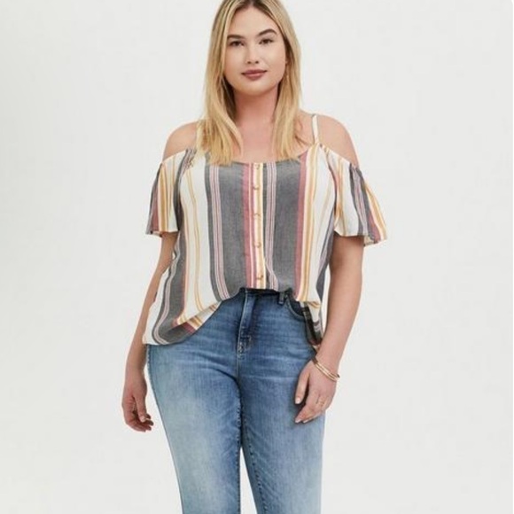 Torrid Rayon Crepe Button Front Cold Shoulder Top Multi Stripe 3X - Picture 1 of 14